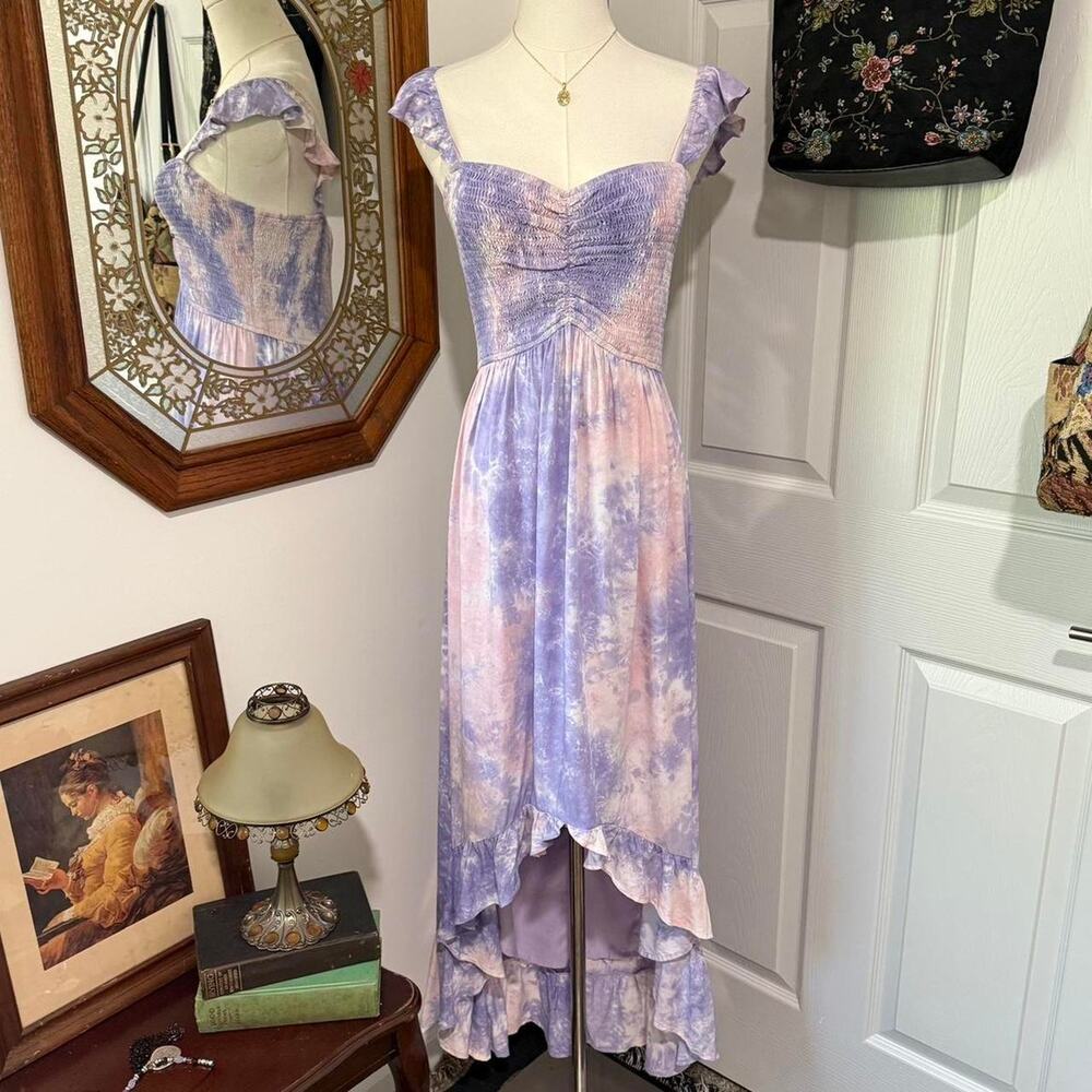 NWT Storia Purple & Pink Tie Dye Flutter Sleeve Smocked Fairycore High-Low Dress